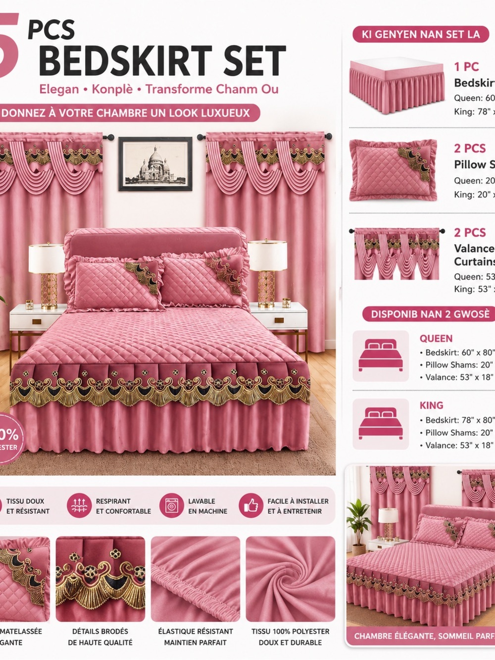 Elegant Pink Quilted Bedskirt & Valance Bedding Set